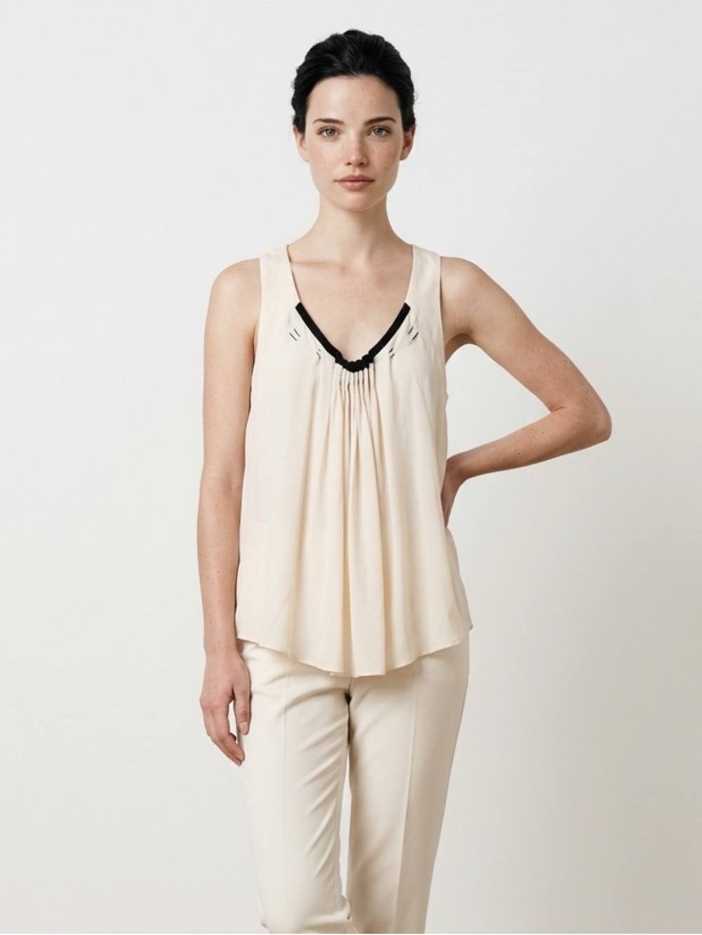 100% Silk Madison Marcus Cream Sleeveless Top with Black Trim